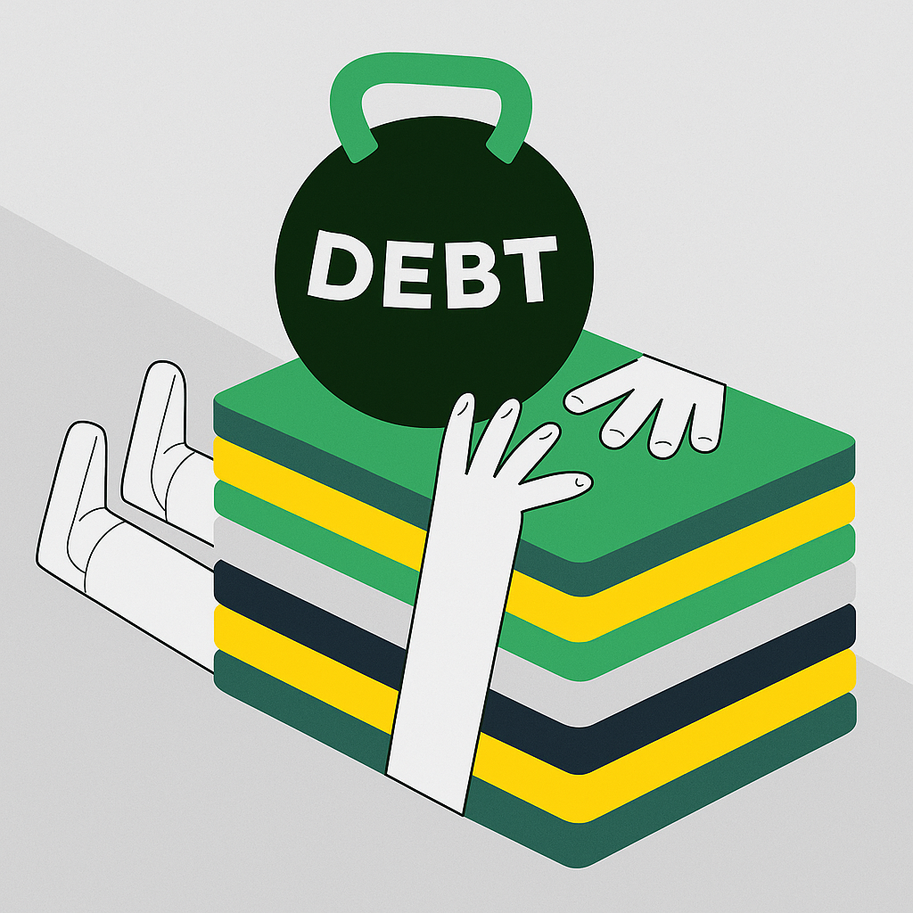 An illustration of a person being crushed under the weight of debt, which Kredhit.app helps to solve.